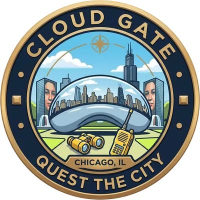 The Cloud Gate badge: the mirrored Bean reflecting the Chicago skyline, with kids' binoculars and a walkie-talkie