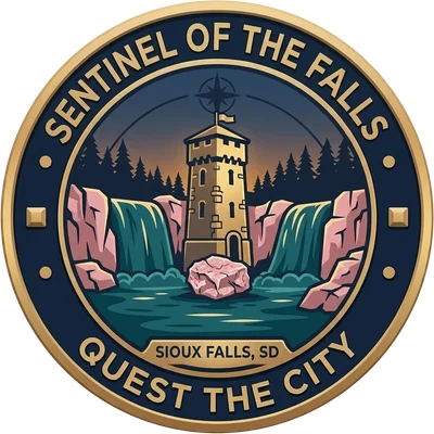 The Falls Sentinel badge: a stone watch tower between two waterfalls over pink quartzite