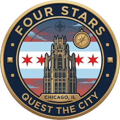 The Four Stars badge: Tribune Tower in front of the four red stars of the Chicago flag