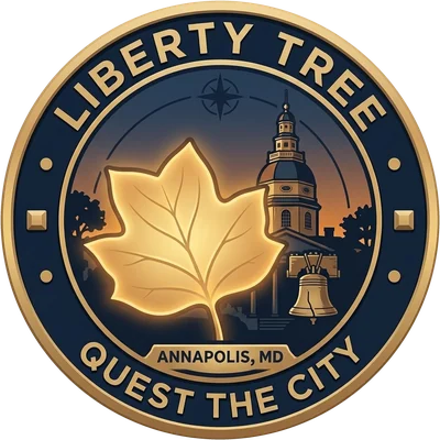 The Liberty Tree badge: a glowing tulip poplar leaf before the Maryland State House dome and a small Liberty Bell