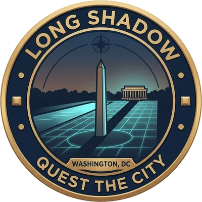 The Long Shadow badge: the Washington Monument casting a long shadow across the National Mall toward the Lincoln Memorial