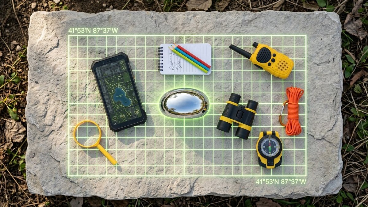 A junior field kit on pale limestone: a phone showing a park map, a yellow walkie-talkie, kids' binoculars, a compass, a magnifying glass and a notebook with colored pencils around a glowing green grid marked 41°53′N 87°37′W, with a small mirror-polished chrome bean at the center