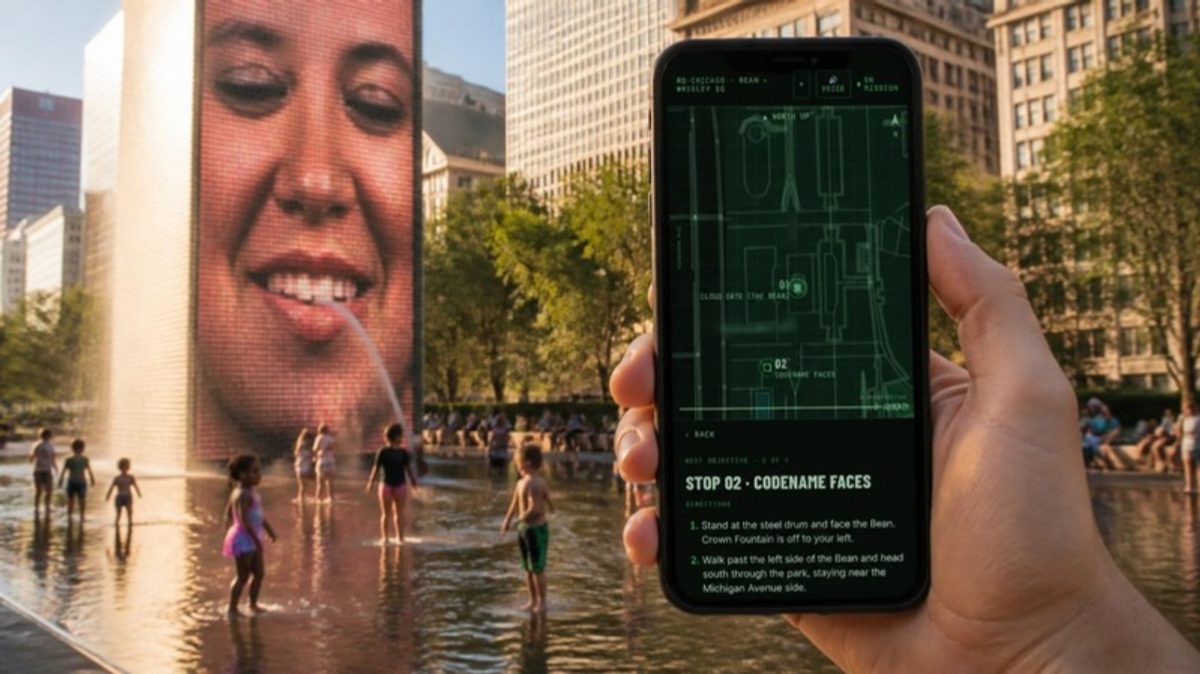 A hand holds a phone showing the Cloud Gate tactical map, with Crown Fountain behind: a giant smiling face spouting water over children splashing
