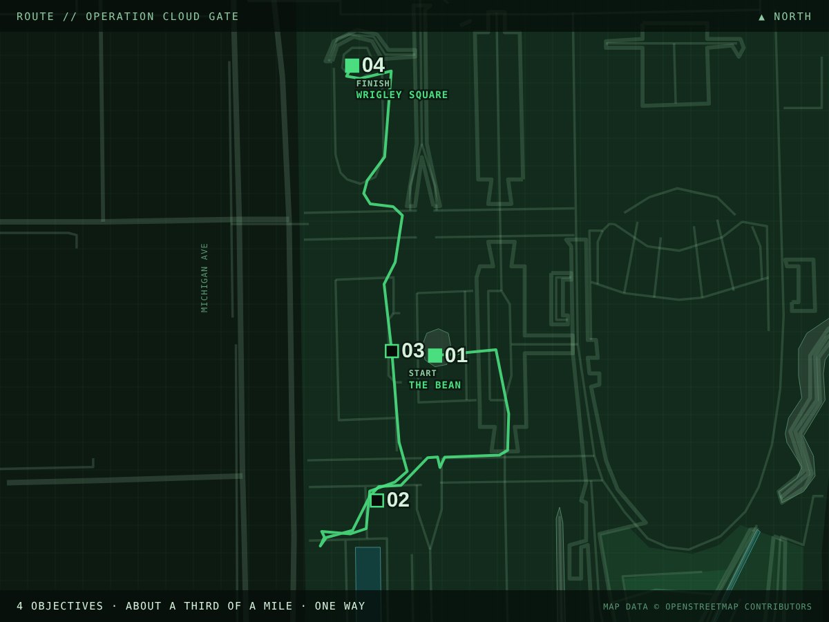 Route map of Operation Cloud Gate in Millennium Park, Chicago: four numbered stops from the Bean to Wrigley Square