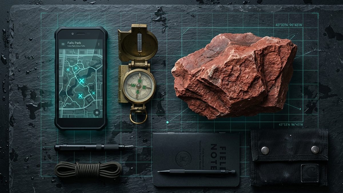 Field kit laid out on dark slate: a phone showing a map of Falls Park, a brass compass, a field notebook and a chunk of pink Sioux quartzite