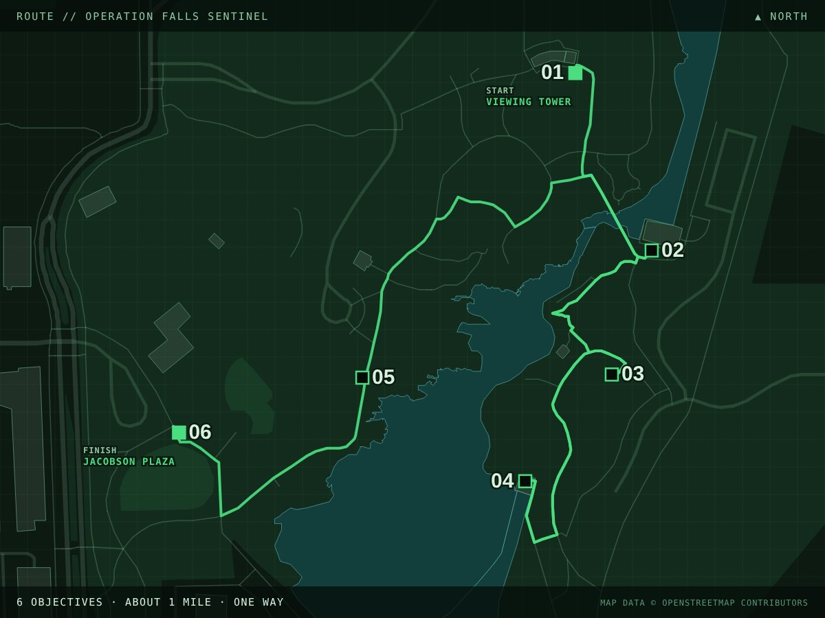 Route map of Operation Falls Sentinel in Falls Park, Sioux Falls: six numbered stops from the Viewing Tower, around the falls, to Jacobson Plaza