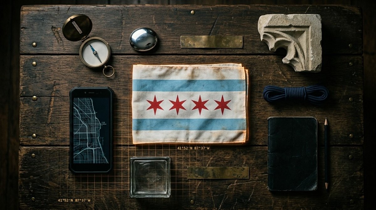 Field kit laid out on a dark oak table: a folded Chicago city flag, a phone showing a map of downtown Chicago, a brass compass, a chrome pebble, a glass block and a carved limestone fragment