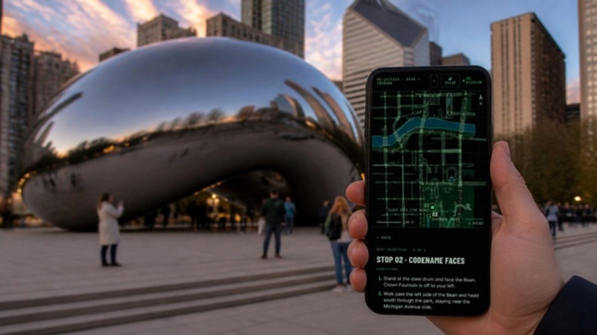 A hand holds a phone showing the Four Stars tactical map, with the Bean and the Michigan Avenue towers behind