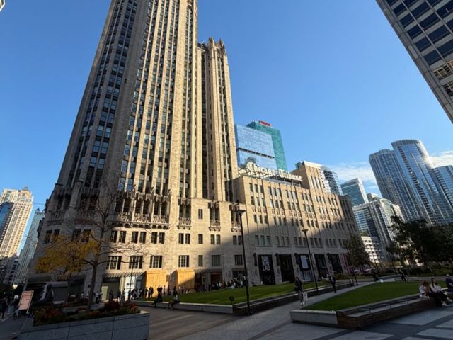 The Gothic Tribune Tower rising above its plaza