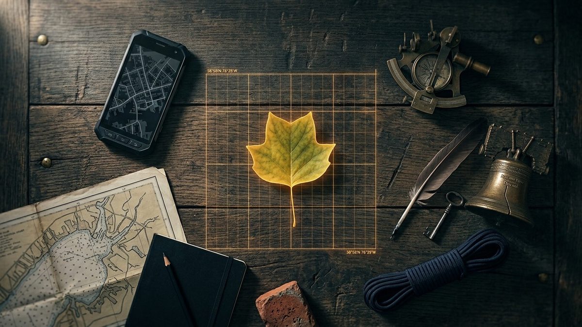 Field kit laid out on an old oak table: a phone showing a map of a harbor town, a brass sextant, a quill, a small Liberty Bell and, at the center, a glowing tulip poplar leaf