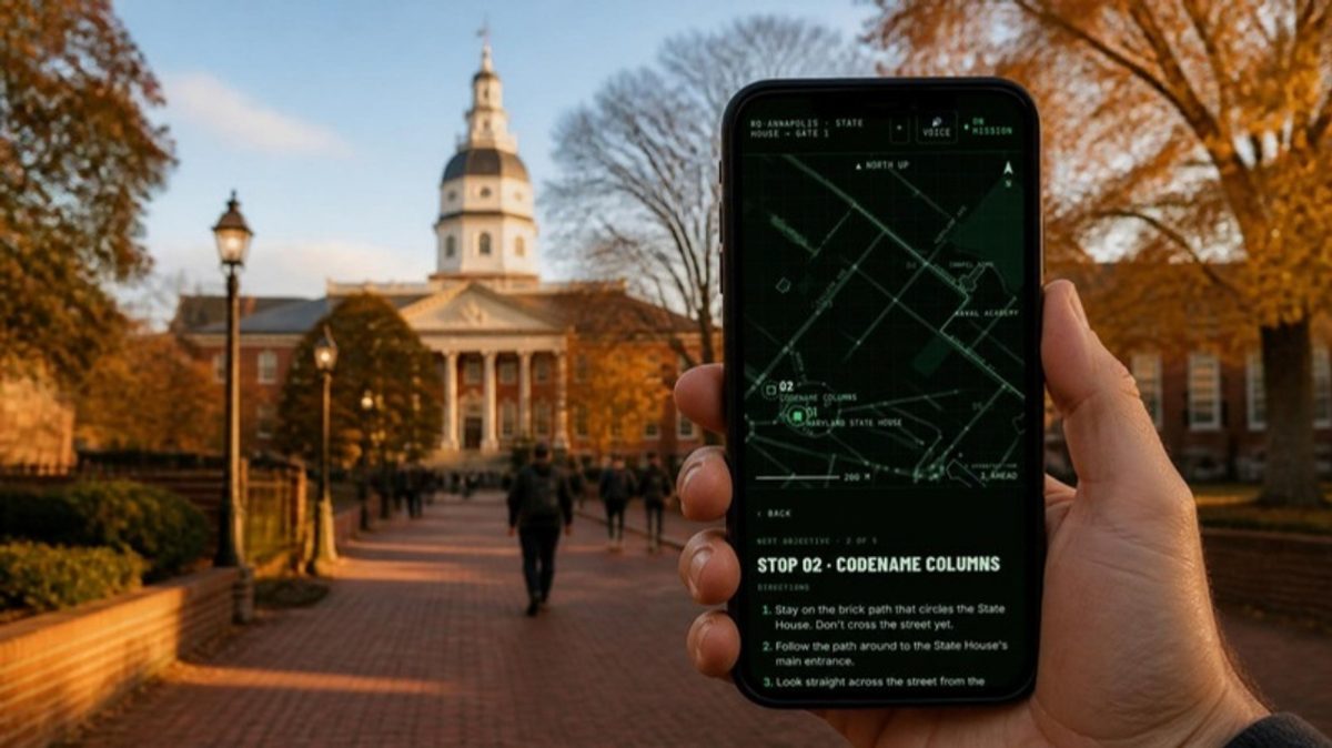 A hand holds a phone showing the Liberty Tree tactical map, with the Maryland State House dome behind at golden hour