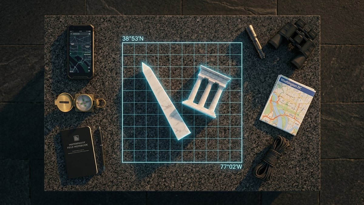Field kit laid out on dark granite: a phone showing the National Mall, a compass, binoculars, a street map and a field notebook around a glowing grid marked 38°53′N 77°02′W, with a marble obelisk lying on its side beside three marble columns