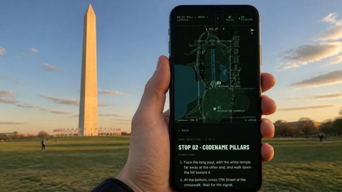 A hand holds a phone showing the Long Shadow tactical map, with the Washington Monument behind at golden hour